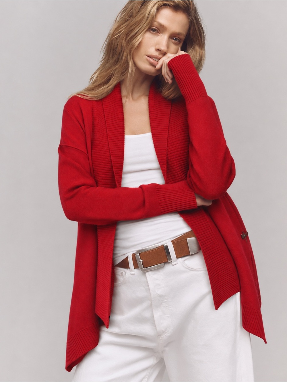 INC International Concepts Luxe Red Waterfall Cardigan Lagenlook Sweater Ribbed